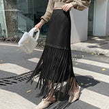 Nukty French Chic Tassel Long Skirts for Women A-line High Waist Female Faldas Ajustadas Ladies Autumn Fashion Maxi Skirt