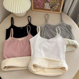 Nukty Winter Velvet Thickened Undershirt Tops Women Solid Slim Cozy Thermal Underwear Camisole Warm Sling Vest Top Bottoming Clothing