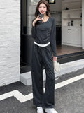Nukty Y2K High Street Two Piece Set Tracksuit Women Long Sleeve Top Drawstring Wide Leg Pants Korean Fashion Solid Slim Casual Outfits