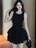 Nukty Y2K Sweet Black Mini Dress for Women Elegant O-Neck Sleeveless Birthday Party Short Dresses Slim Waist Vestidos Female Clothing
