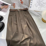 Nukty Autumn High Waist Belt Wide Leg Trousers Women Korean Solid Office Suit Pants Lady Casual Pants Harajuku Baggy Straight Pants