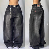 Nukty New American Harajuku Retro Straight High Waist Y2K Street Style Women Washed Blue Pockets Baggy Jeans Gothic Wide Pants