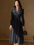Nukty Elegant French Satin Vintage Midi Dress Spring New Office Lady Lace-up Long Sleeves Slim Wasit Korean Chic Vestidos Basics