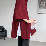 Nukty Wine Red Side Buttons Pleated Shirt Black Apricot Harajuku Button Up Korean Short Sleeve Aesthetic Male Shirts Men Blouse