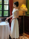 Nukty Women Elegent White Party Prom Midi Dress Summer New French Female Sexy Fashion Slim Off Shoulder Pleated Clothes Vestidos