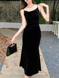 Nukty Elegant Women Black Backless Birthday Velvet Dress Autumn Spaghetti Strap Slim Party Evening Dresses Female Casual Vestidos