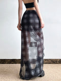 Nukty Casual Plaid Srawstring Ruffles Split Skirt See Through Slim Low-Waisted Maxi Skirts Women Summer Fashion Streetwear