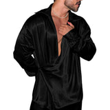 Nukty Men's Fall Shiny Satin Shirt Solid Color Long Sleeve Lapel V-Neck Wrap Loose Fit Tops