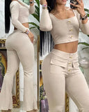 Nukty New Fashion Summer Casual Elegant Womens Two Piece Sets Outfit Square Neck Buttoned Top & Pocket Design Flared Pants Set