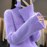 Nukty Pure Mink Cashmere Sweater Women,High Pile Neck Knit Jumper,Wide Strip Large Size Long Sleeves,Autumn,Hot Sale