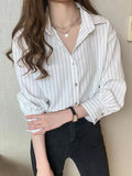 Nukty Classic Striped Shirts Women Spring Autumn Polo-neck Single-breasted Long Sleeve Cardigan Blouse Fashion Office Shirt Top Women