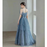 Nukty DRESS TO IMPRESS Blue Spaghetti Strap Evening Dress Luxury Tulle Applique Princess Cake Gown Sexy Illusion Backless Long Quinceanera Dresses