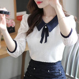 Nukty Women's Spring Autumn Style Lace Blouses Shirt Women Peter Pan Collar Solid Color Half Sleeve Elegant Lace Tops SP8676