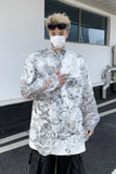 Nukty Fashion Hollow out Printed Shirt Men Long Sleeve Transparent Casual Loose Tops Streetwear Lapel Tops Sun-proof Clothing