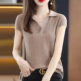Nukty Spring and Summer New Cashmere Sweater Polo collar Women's Short sleev Knitted Sweater Loose Thin Pullover Short-Sleeved