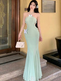 Nukty Spring Summer Green Mesh Chic Bow Hollow Out Dresses Women Fashion Bodycon Sexy Neck-mounted Korean Elegant Party Dress