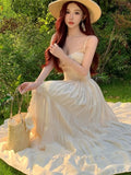 Nukty Elegant Fairy Chic Pleated Dresses Korean Patchwork Slim Waist A Line Sling Dress Women Princess Evening Vestidos Female Robe