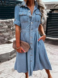 Vintage Single-breasted Cardigan Dresses Women Chest Double Pocket Decoration Denim Dressy Female Elegant Comfortable Slim Gown