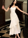 Nukty Elegant Ruffles Spaghetti Women Long Dresses Fashion Strap Sleeveless Princess Party Dress Summer Slim Waist Casual Vestidos New