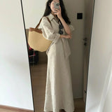 Nukty Casual Set for Women Simple Collar Loose Long Sleeve Shirt Versatile Half length Long Skirt Two Piece Set