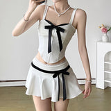 Nukty Contrast Bow Stitching Crop Top Vintage y2k Sleeveless Slim-fitting Corset Tops Women Korean Style Tees Summer Streetwear