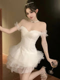 Nukty French Elegant White Mini Women's Cake Dresses Slash-Neck Strapless Mesh Sexy Dress Prom Female Clothes New Spring Summer 2025