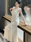 Nukty Fashion Slim Wasit Bodycon Evening Women Dresses New Flying Sleeve Korean  Sexy Elegant Mesh Solid Flowers Mermaid Dress