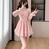Nukty Pink Sweet Elegant Princess Dress Women Casual Korean Slim Long Sleeve Fairy Dress Female Backless Design Vintage Dress New