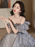 Nukty Shiny Grey Evening Dresses Tiered A-line Boat Neck Flounce Strap Long Wedding Celebration Birthday Party Prom Gowns New 2024