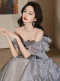 Nukty Shiny Grey Evening Dresses Tiered A-line Boat Neck Flounce Strap Long Wedding Celebration Birthday Party Prom Gowns New 2024