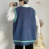 Nukty Autumn Knitted Sweater Vest Men Teens Lazy Striped Harajuku V-neck Preppy Style All-match Streetwear Couples Knitwear Fashion