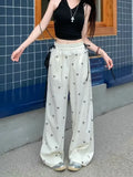 Nukty Fashion Lace Patchwork Women Casual Pants Summer Loose Preppy Bow Print Jogging Pants High Waist All Match Straight Trousers