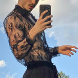 Nukty Men's Mesh See Through Mesh Sexy Lace Shirt Long Sleeve Fishnet Hollow Out Vintage Streetwear Slim Fashion Party Clothing S-XL