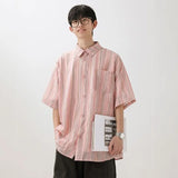 Nukty Summer men Short Sleeve Shirt For Men Striped Loose Polos Lapel Shirts New unisex High Street Pocket Blouse Couple shirt