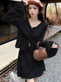 Nukty Elegant Casual Knitted Two-piece Skirt Set Women Flare Sleeve V-Neck Cardigan Mini Pleated Skirt Autumn Y2K Slim Fit Outfits New