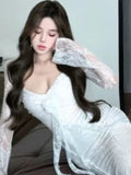 Nukty Women's Floral Ruffles Sexy Slim Dresses  French Vintage Women White Lace Long Sleeved Dress Summer Holiday A-line Vestidos New