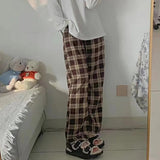 Nukty High Waist Women's Brown Plaid Pants Streetwear Oversize Wide Leg Checkered Trousers Woman Loose Y2K Retro Sweatpants Mujer