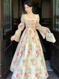 Nukty Autumn Women Painting Printed Long Dress French New Square Collar Lantern Sleeve Midi Dress Casual Lace-up Lady Vestidos Largos
