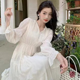 Nukty Elegant Princess Evening Dress for Women High Waist A-line V-Neck Autumn French Casual Prom Robe One Piece Vestidos Mujer New