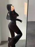 Nukty 2024 Hot Tops Fashion Black Velvet Slim Hooded Zipper Long Sleeve Flare Pants Jumpsuit Rompers Korean Sexy