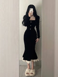 Nukty French Black Lace Square Neck Wrap Hip Fishtail Dress Spring Korean Women Vintage Slim Evening Party Velvet Long Dresses