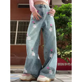 Nukty Women's Blue Jeans Baggy Harajuku Aesthetic Embroidery Denim Trousers Y2k Oversize Wide Jean Pants Vintage 2000s Trashy Clothes