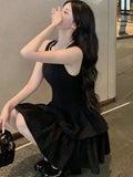 Nukty Y2K Sweet Black Mini Dress for Women Elegant O-Neck Sleeveless Birthday Party Short Dresses Slim Waist Vestidos Female Clothing