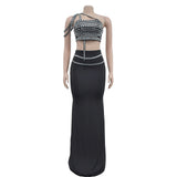 Nukty Women's Dress Set Diamonds Rhinestones Strapless Top + Long Skirt Suit Evening Prom Dress Sets Two 2 Piece Set Party Dresses H98