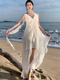 Nukty Summer Irregular Fairy White Womens Dresses Elegant Spaghetti Strap V-Neck Birthday Party Dress Holiday Beach Vestidos Robe New