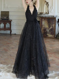 Nukty French Elegant Black Midi Women's Evening Dresses Mesh V-Neck Backless Halter Sequin Vestidos Spring Summer Prom Female Clothes