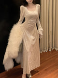 Nukty French Flare Sleeve Velvet Evening Dresses for Women Elegant Slim Waist Party Prom A-Line Vestidos Fashion Female Long Robe New