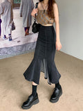Nukty Black Denim Long Skirt Women Vintage High Waist Split Bodycon Ruffles Pencil Mermaid Midi Skirt Summer Japanese Fashion