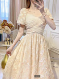 Nukty Summer New Chic Printing Dress Women's Clothing Fashion V-Neck Slim Medium Long Short Sleeve Sweet Y2k Evening Dresses