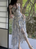 Nukty Sweet Ruffles Print Long Dresses Elegant Spaghetti Strap V-neck Princess Birthday Party Midi Dress Summer Fairy Chic Vestidos